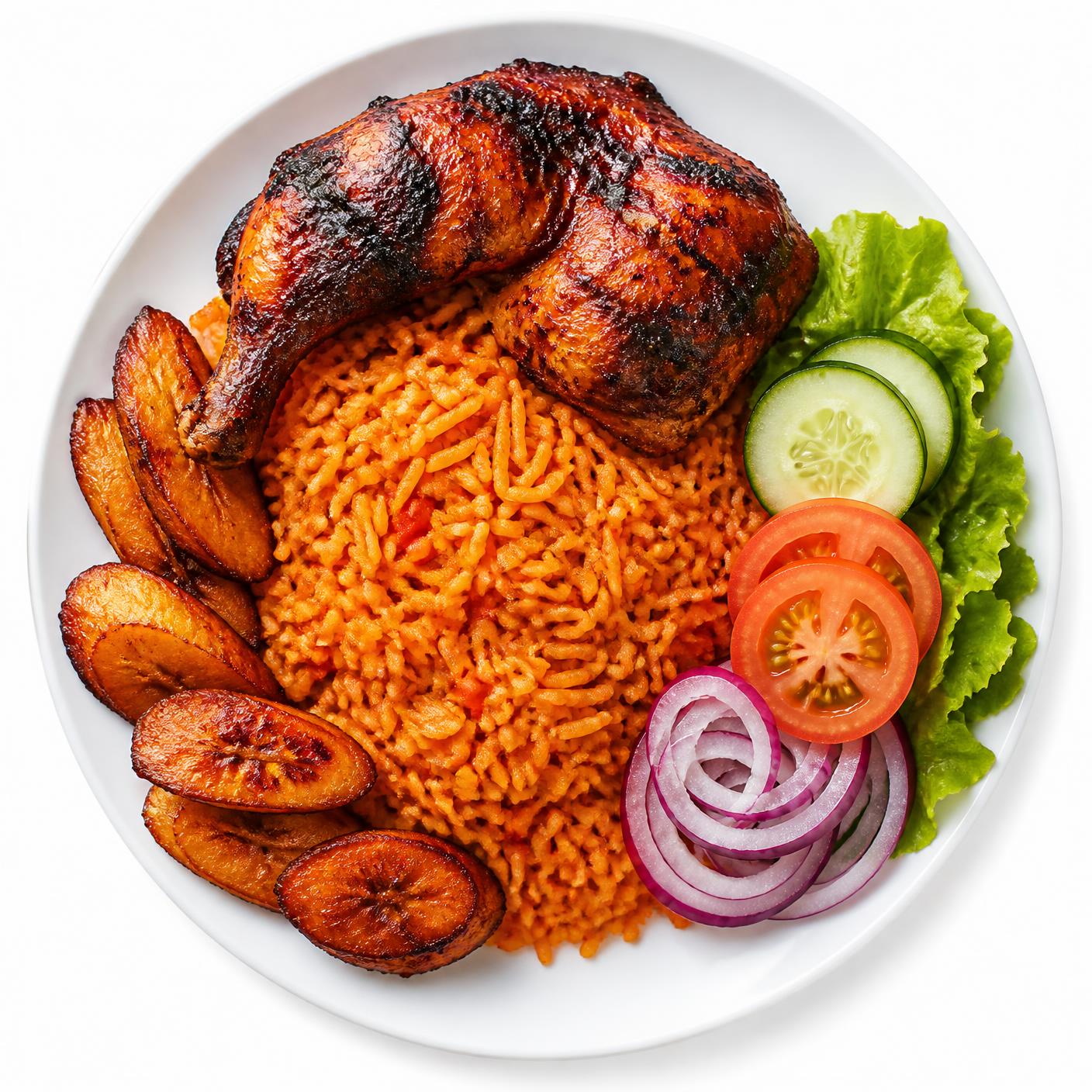 Signature jollof rice with grilled chicken and plantain